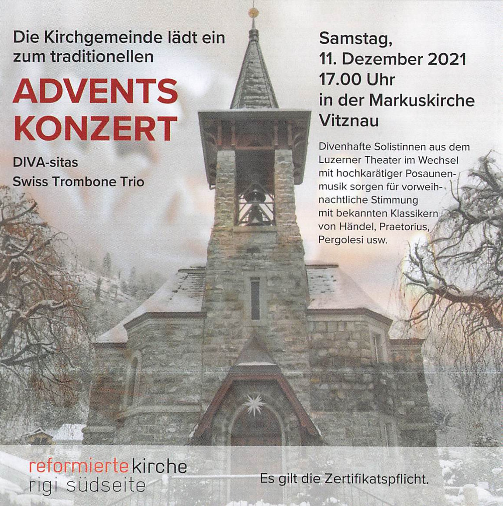 Plakat zum Adventskonzert in der Markuskirche Vitznau mit DIVA-sitas und Swiss Trombone Trio