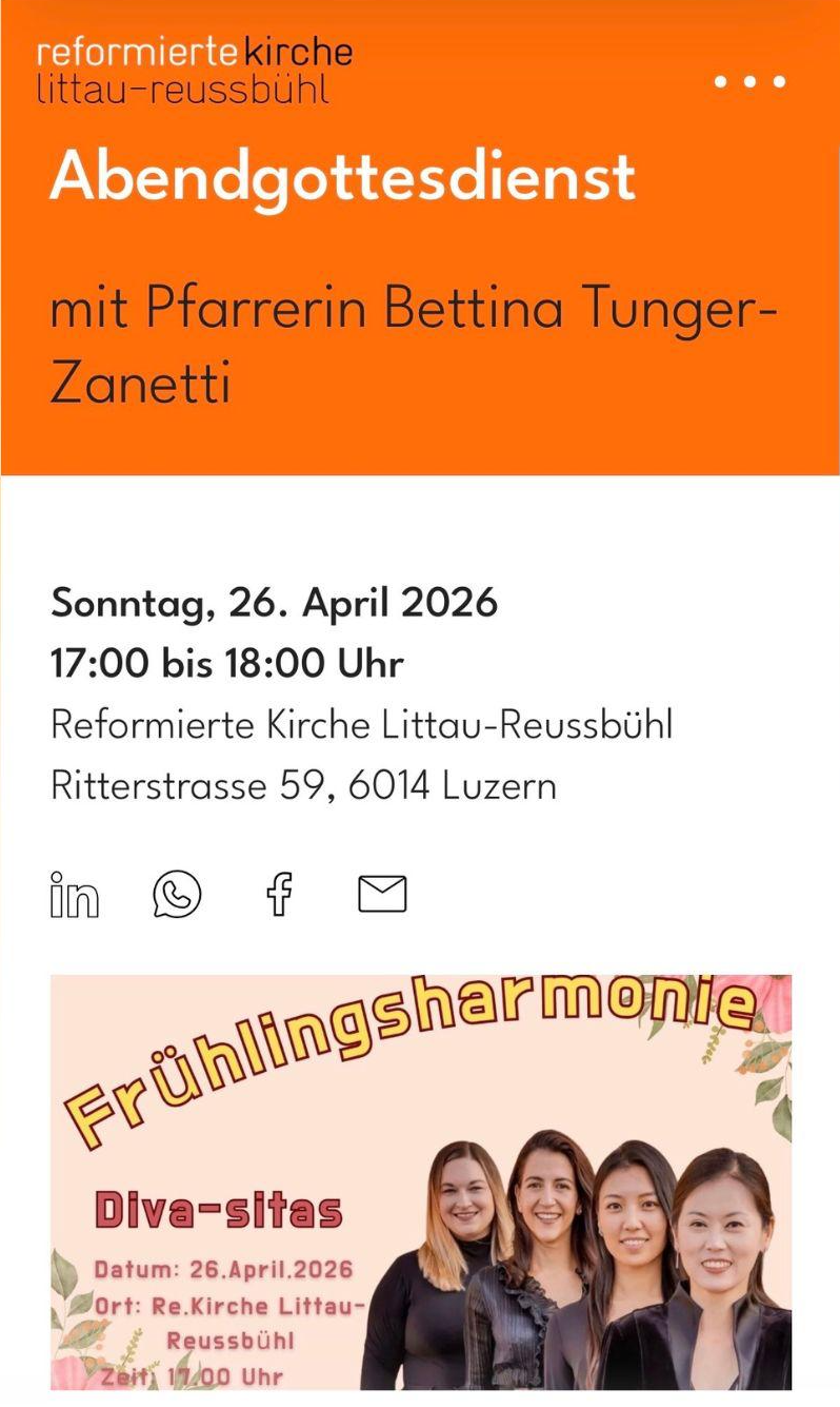 Ankündigung des Abendgottesdiensts mit Frühlingsharmonie, Reformierte Kirche Littau-Reussbühl